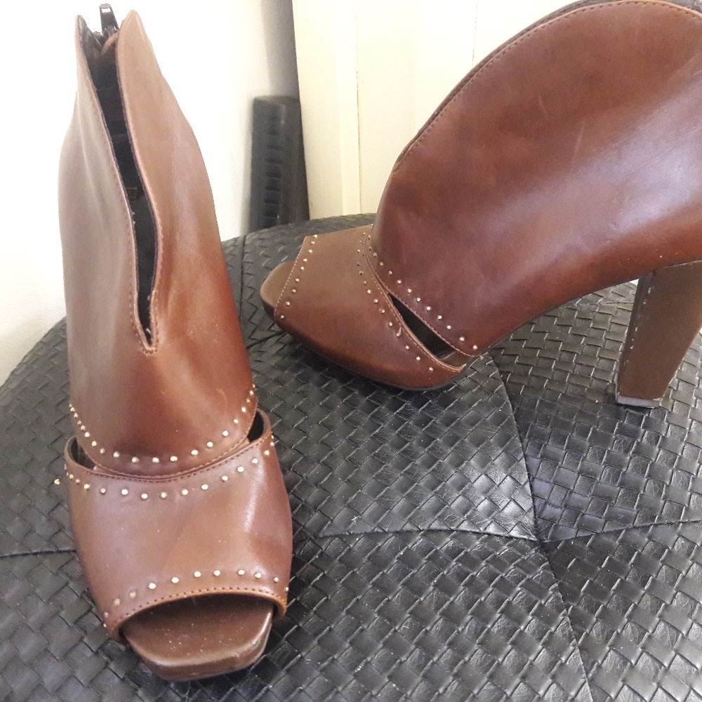 Franco Sarto Brown leather open toe bootie,